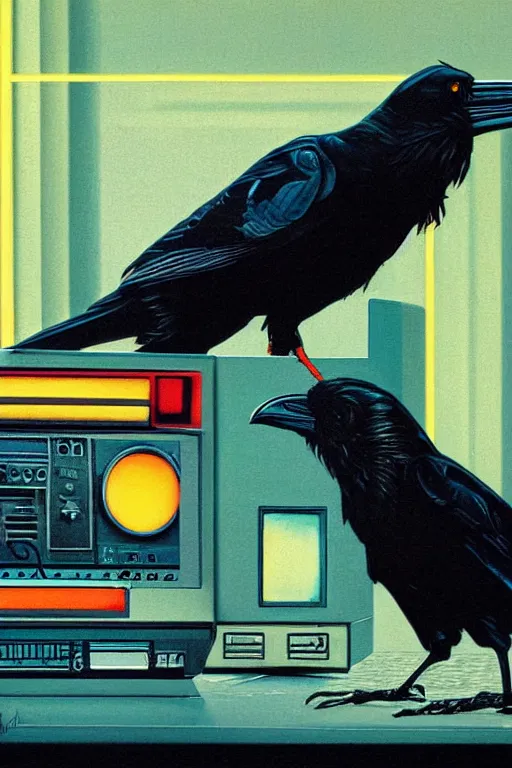 Prompt: a raven observing 8 0 s era technology, vintage shapes, retro technology, glowing color, wayne barlow, oil on canvas, deep depth of field, masterpiece, cinematic composition, hyperdetailed