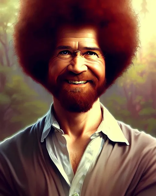 Prompt: bob ross, fantasy character portrait, ultra realistic, intricate, elegant, highly detailed, digital painting, artstaion, smooth, sharp, focus, illustration, art by artgerm and greg rutkowski and alphonse mucha