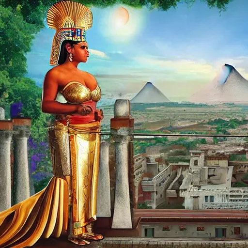 Image similar to a fijian queen looks down on her city from the palace balcony, fantasy art on an egyptian wall