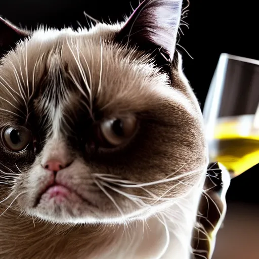 Prompt: a grumpy cat drinking his wine glass, photorealistic, photograph, 4 k, volumetric light