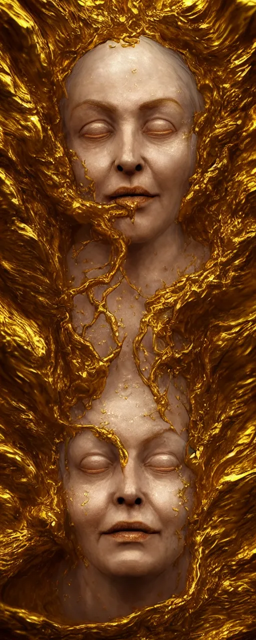 Prompt: Hyper realistic portrait of a beautiful old goddess floating, Liquid gold simulation in tornado, ancient fairy dust, ultra super good realistic 3D render by Pete Morbacher and Emil Melmoth, insanely detailed, trending on artstation, sharp focus