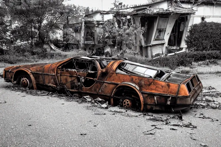 Prompt: rusted, derelict on the back of a tow truck on the road 1 9 2 2 delorean
