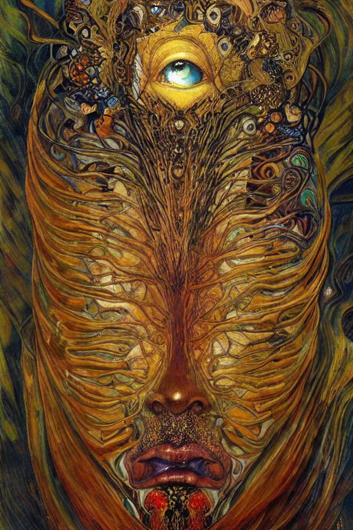 Image similar to Metamorphosis by Karol Bak, Jean Deville, Gustav Klimt, and Vincent Van Gogh, transformation portrait, chimera, visionary, cicada wings, otherworldly, fractal structures, ornate gilded medieval icon, third eye, hybrid, fusion, change, spirals, horizontal symmetry