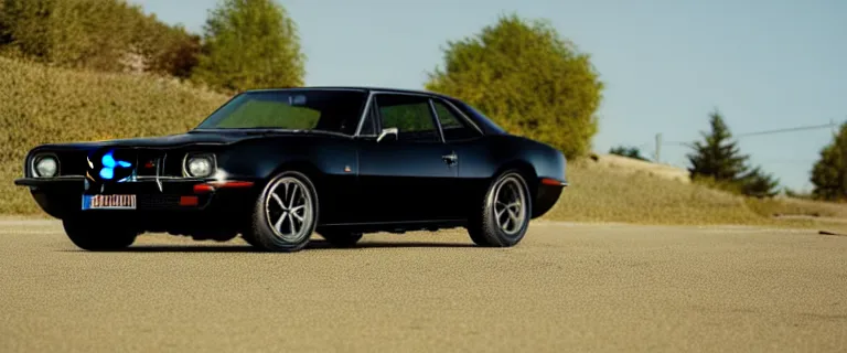 Image similar to all black audi camaro b 1 ( 1 9 6 7 ), restomod, establishing shot