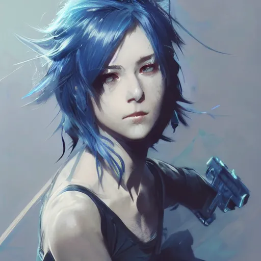 Image similar to realistic portrait of Sinon from sword art online, short blue hair, dramatic lighting, illustration by Greg rutkowski, yoji shinkawa, 4k, digital art, concept art, trending on artstation