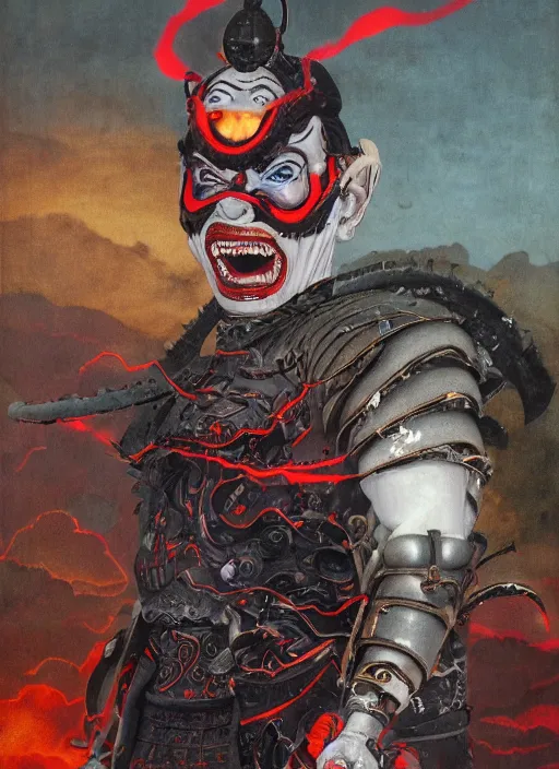 Prompt: portrait of a diabolical cyborg clown samurai kabuki with a flamethrougher, torn cape, dynamic pose, glowing eyes, ancient ruins, glowing veins subsurface scattering, in clouds, sunset, portrait, by gerald brom, by mikhail vrubel, by peter elson, muted colors, extreme detail, reflections, trending on artstation, 8 k