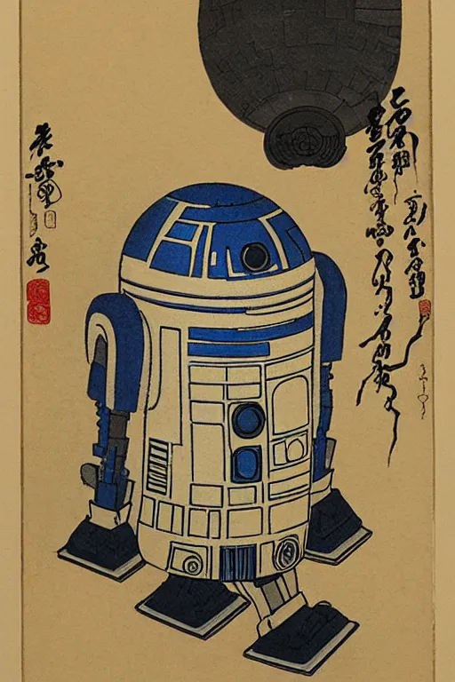 Image similar to Japanese woodblock print of r2d2, hokusai