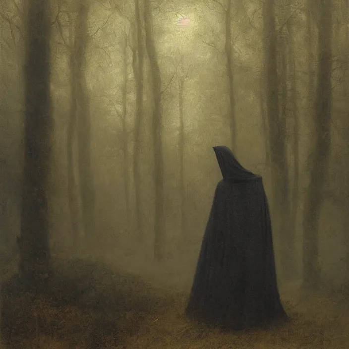 Image similar to a cloaked hooded figure in a foggy forest, by Odd Nerdrum