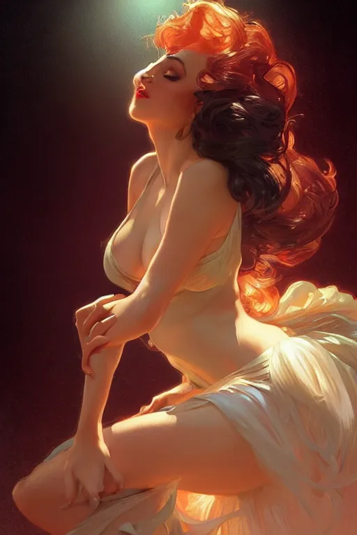 Image similar to a beautiful voluminous woman burlesque dancer on a stage, spotlight, highly detailed, digital painting, artstation, concept art, smooth, sharp focus, illustration, cinematic lighting, art by artgerm and greg rutkowski and alphonse mucha