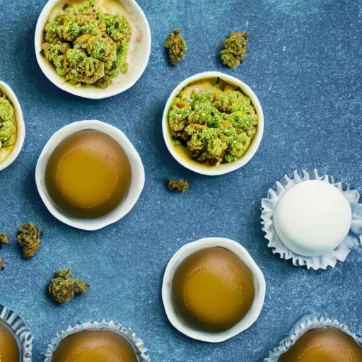 Prompt: gelatinous cannabis desserts white background