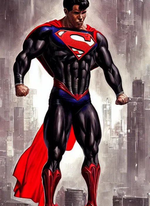 Image similar to portrait of crossfit bodybuilder fitness sprinter superman!, futuristic detailed cyberpunk costume, red and black costume!!!, painted art by tsuyoshi nagano, greg rutkowski, artgerm, alphonse mucha, spike painting