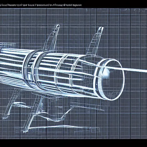 Prompt: xray wireframe of blueprint sketch of barrel fed rocket launcher, 8k resolution, high detail, ULTRA REALISTIC VFX, reflections, post processing