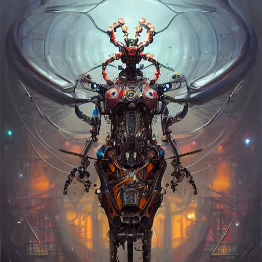 Image similar to biomechanical spider king, cyberpunk, bionics, augments, lights, cables, elegant gleaming intricate baroque jewellery, colorful, vivid, imposing, epic, digital painting, artstation, concept art, by peter mohrbacher and wlop and rhads,