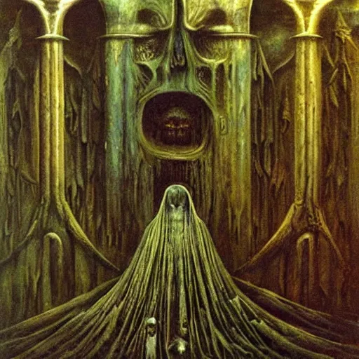 Prompt: the crypt of broken dreams and alternate worlds, by h. r giger and beksinski