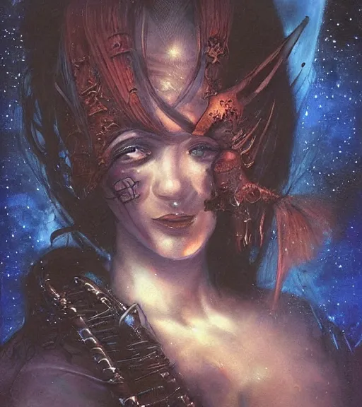 Image similar to portrait of female space pirate, night sky background, beautiful! coherent! by brom, by brian froud, deep color, strong line, high contrast