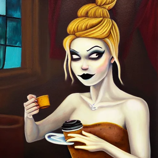 Prompt: detailed oil painting of gothic Tinkerbell hungover drinking coffee