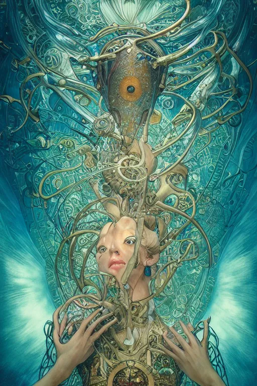 Prompt: swimming through time, inter dimensional clockwork, by artgerm and yoshitaka amano and moebius and hr giger and zdislaw beksinski and alphonse mucha, hyperdetailed, glamour, surreal, dc comics, ornate, nebula, explosions in the sky, trending on artstation