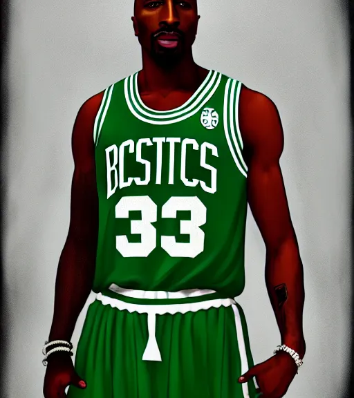 Image similar to portrait of tupac shakur, boston celtics jersey number 3 4, green, white, cartoon digital art, oil on canvas, trending on artstation, octane render