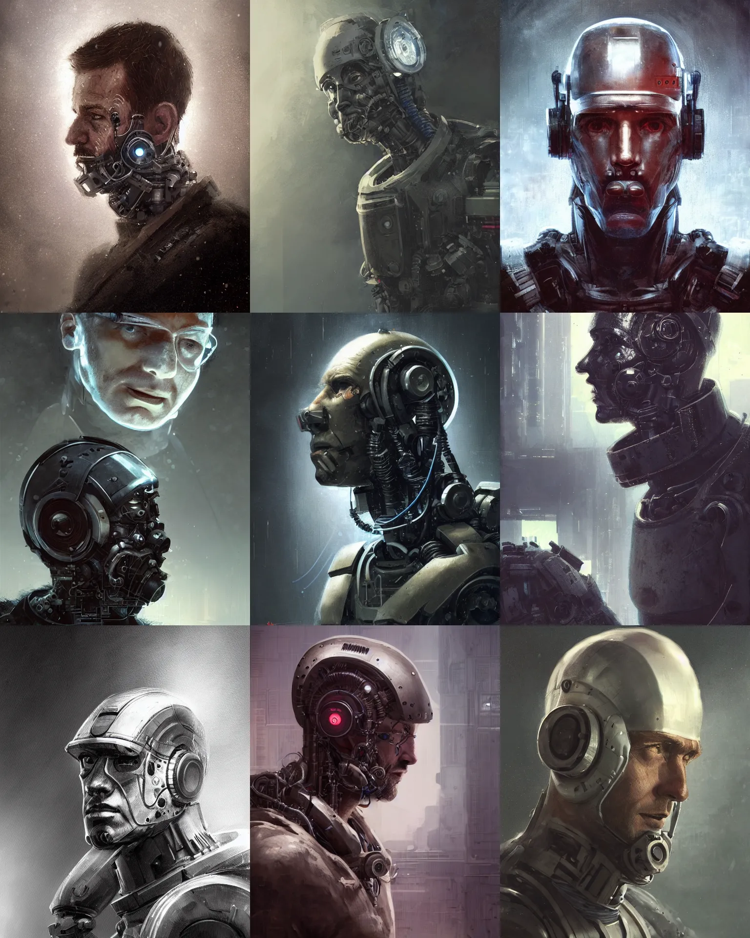 Image similar to a small half - masked rugged laboratory engineer man with cybernetic enhancements as seen from a distance, scifi character portrait by greg rutkowski, esuthio, craig mullins, 1 / 4 headshot, cinematic lighting, dystopian scifi gear, gloomy, profile picture, mechanical, cyborg, half robot, implants, dieselpunk