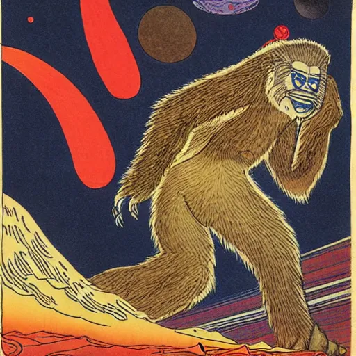Image similar to sasquatch in space in the style of Kuniyoshi