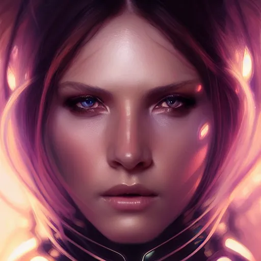 Image similar to futuristic woman portrait, sci-fi, amber eyes, face, long hair, fantasy, intricate, elegant, highly detailed, digital painting, artstation, concept art, smooth, sharp focus, illustration, art by artgerm and greg rutkowski and alphonse mucha