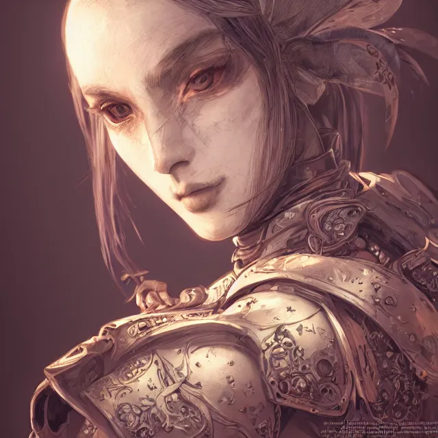 Image similar to the portrait of neutral evil fallen female knight vagabond as absurdly beautiful, gorgeous, elegant, sophisticated, woman, an ultrafine hyperdetailed illustration by kim jung gi, irakli nadar, intricate linework, bright colors, octopath traveler, final fantasy, unreal engine 5 highly rendered, global illumination, radiant light, detailed and intricate environment