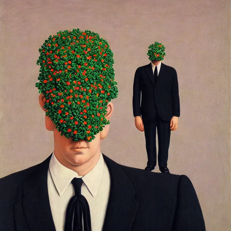 Prompt: portrait of man in a suit, his head is made out of flowers, by rene magritte, detailed painting, hd, hq, high resolution, high detail, 4 k, 8 k