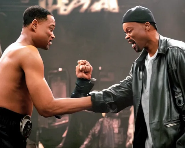 Prompt: will smith fighting with chris rock at toxic waste lake deathbattle 4k