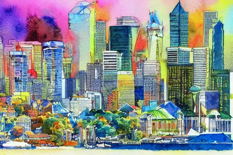 Image similar to !! watercolor!! seattle in a sunny day, artwork by tooth wu, colorful contrast,!!!! very coherent!!!!, dark shadow, thick lineart