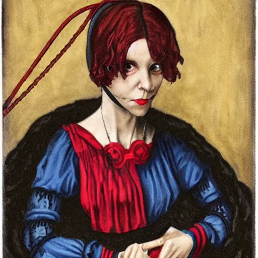 Image similar to dark portrait, death ultra red head woman in medieval dress, strangled with rope, bluish face, victorian style, high detail