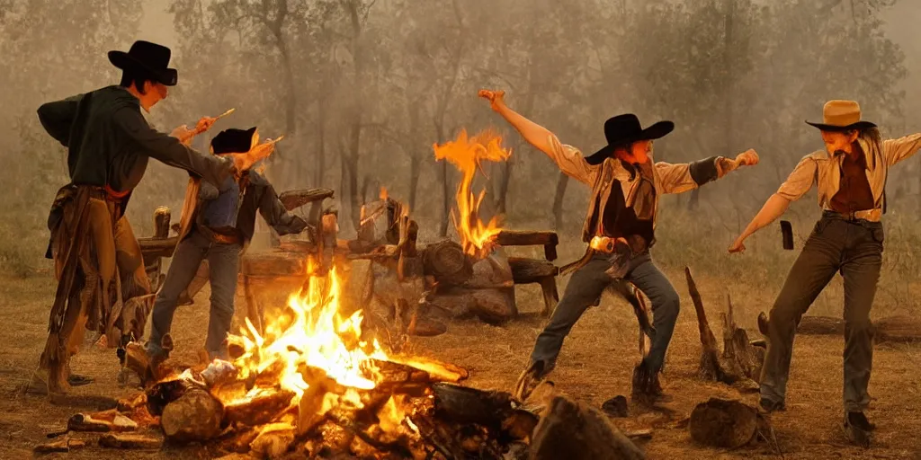 Prompt: at a campfire in the old west, a boy and a bandit wrestle, in the style of fredrick remington