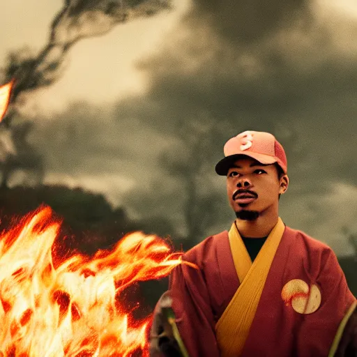 Image similar to cinematic film still of Chance The Rapper starring as a Samurai holding fire, Japanese CGI, VFX, 2022, 40mm lens, shallow depth of field, film photography