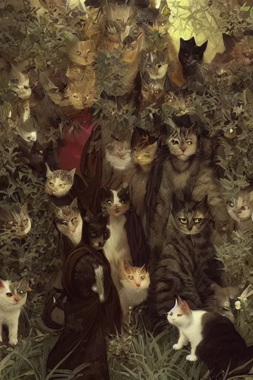 Prompt: moody digital illustration of group of cats gathered at the cemetery at midnight, highly detailed, digital painting, artstation, concept art, sharp focus, illustration, art by artgerm and greg rutkowski and alphonse mucha