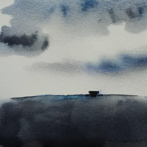 Image similar to high - angle view, from 1 0 0 0 feet in distance, vague uap interstellar vehicle on top of dramatic moody clouds in the sky, muted ink and pearlescent paint. watercolor. minimalist, detailed, muted colors. ue 5