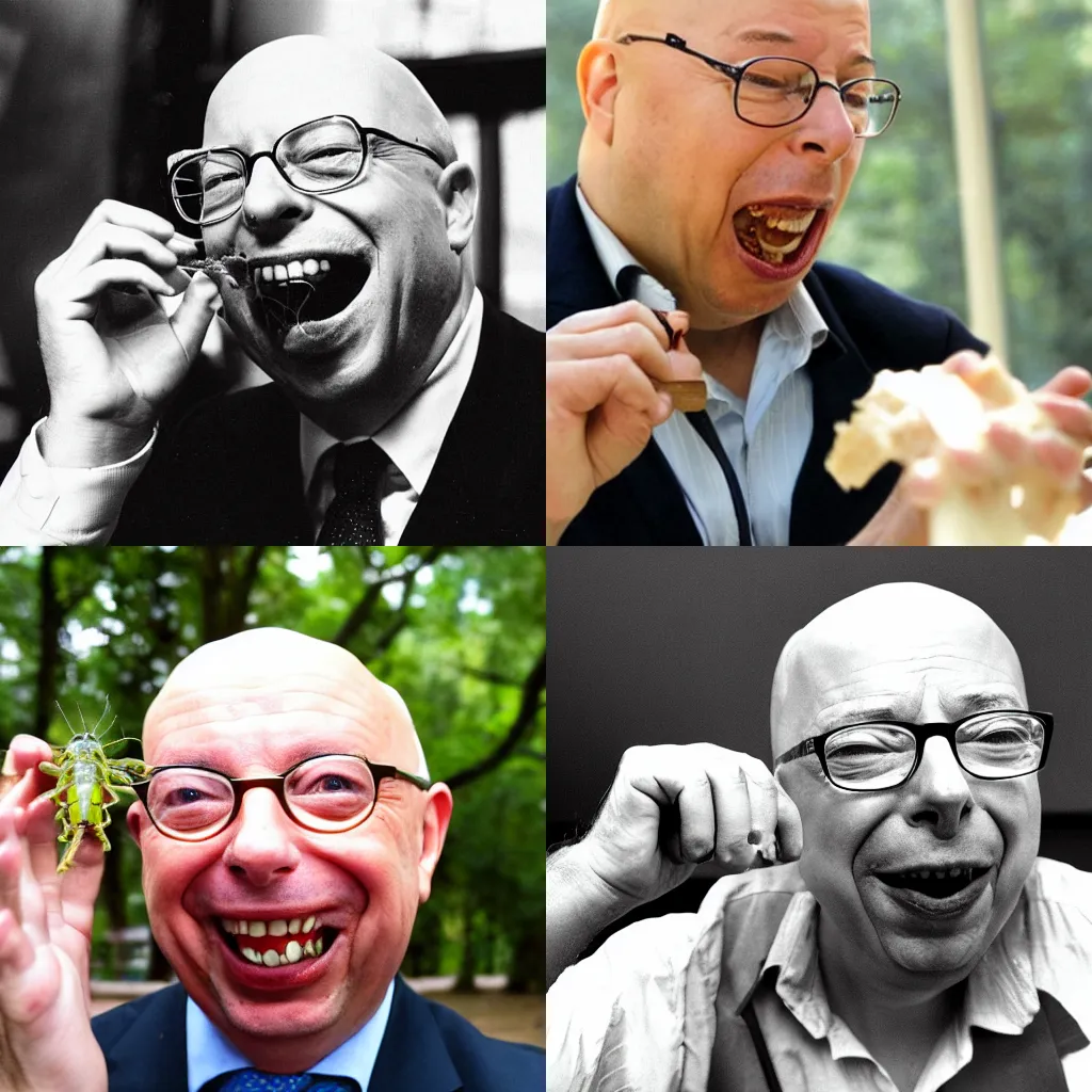 Prompt: Enthusiastic Klaus Schwab eating disgusting bugs