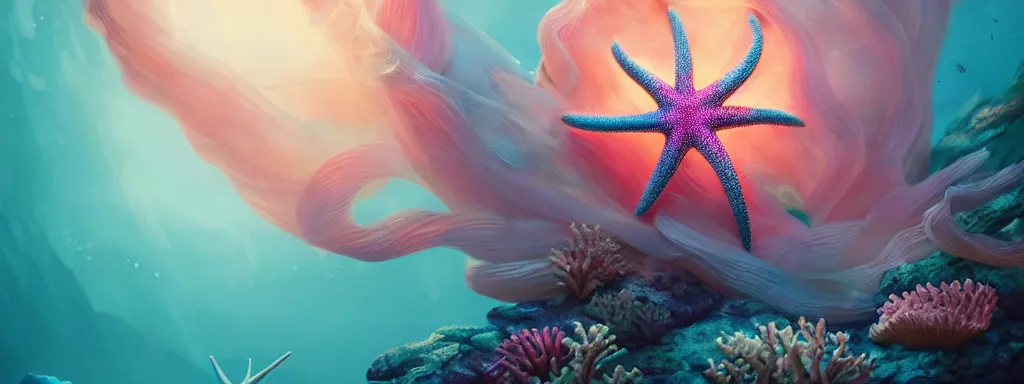 Image similar to a starfish in a coral reef by charlie bowater and anna dittmann and artgerm and clemens ascher, intricate, elegant, pink and blue and green mist, highly detailed, dramatic lighting, sharp focus, octane render, trending on artstation, artstationhd, artstationhq, unreal engine, 4 k, 8 k