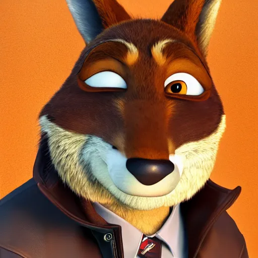 Prompt: portrait, 3 d render, anthropomorphic coyote male, wearing along brown leather jacket, in the style of zootopia