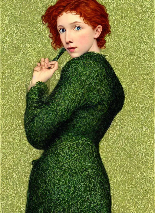 Prompt: intricate art nouveau portrait oil painting of redheaded young millie bobby brown with long hair blowing in the wind, wearing an intricate green lace dress, highly detailed, intricate golden symmetric pattern background, elegant, digital painting, smooth, sharp focus, illustration, ultra realistic, 8 k, by bouguereau, alphonse mucha, artgerm, and donato giancola