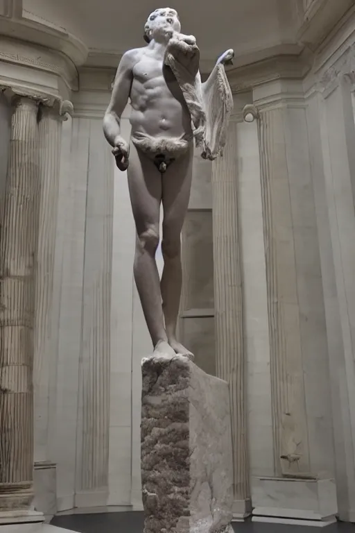 Prompt: an ancient greek marble statue of emmanuel macron, the british museum