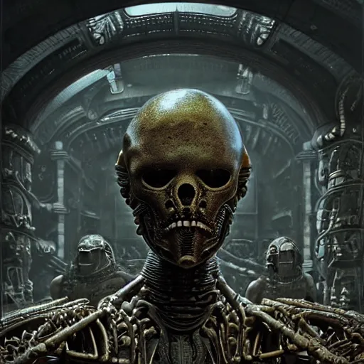 Prompt: still frame from Prometheus movie by giger, necron lord skorpekh editorial by Malczewski, biomechanical armoured knight by Wayne Barlowe, MTG card ornate complex artifact golem of annihilation by Alan merrett