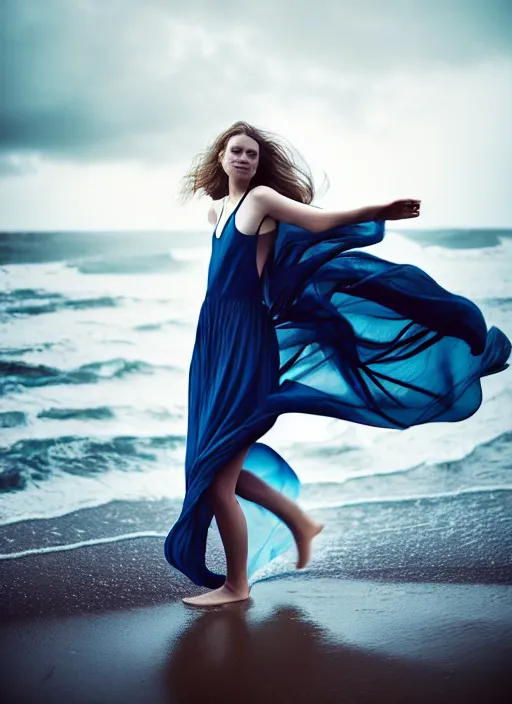 Prompt: cinestill 5 0 d portrait photo of a beautiful woman, britt marling 3 / 4, delicate, subsurface scattering, long hair floating in air in style of gilles zimmermann, 1 5 0 mm, windy mood, dress in voile, mute dramatic colours, soft blur outdoor stormy sea background, volumetric lighting, hyper detailed, hyper realistic