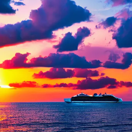 Image similar to a cruise ship chilling on the beach, sunset, vaporwave