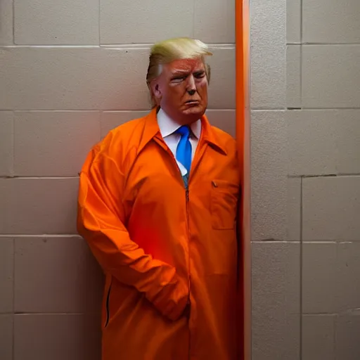 Prompt: donald trump dressed in orange prison uniform in a prison cell on wc, jail bars, framing - medium shot, natural light failing on his face, by terry richardson