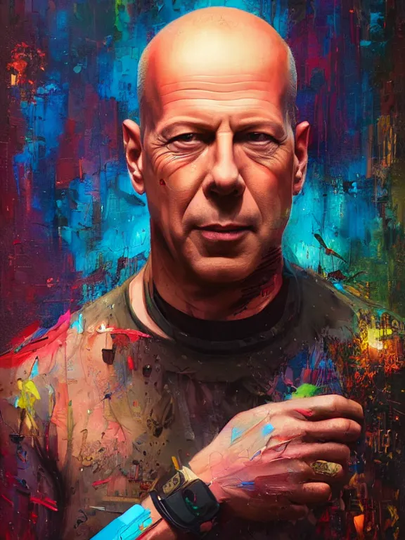 Image similar to art portrait of Bruce Willis,8k,by tristan eaton,Stanley Artgermm,Tom Bagshaw,Greg Rutkowski,Carne Griffiths,trending on DeviantArt,face enhance,hyper detailed,minimalist,cybernetic, android, blade runner,full of colour,