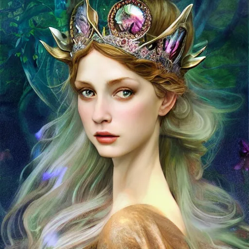 Prompt: queen of the faries, fantasy art, photo realistic, dynamic lighting, artstation, poster, volumetric lighting, very detailed faces, 4 k, award winning, hyper realistic portrait, full figure, very detailed face, 4 k, award winning, bold, striking, high contrast, vivid colours by mucha and da vinci and botticelli and frazetta