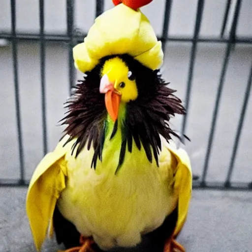 Image similar to cute chicken dressed as a prisioner in jail