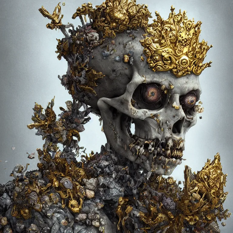 Prompt: A beautiful oil painting hyperrealism of a rotting zombie king made of marble stone, gold throne , grey beard, skull bones flowers, 8k resolution, octane render, Trending on artstation, by Gediminas Pranckevicius, volumetric light 2blue fractal Thunder glow by dan mumford, anaglyph effect, Laurie Lipton