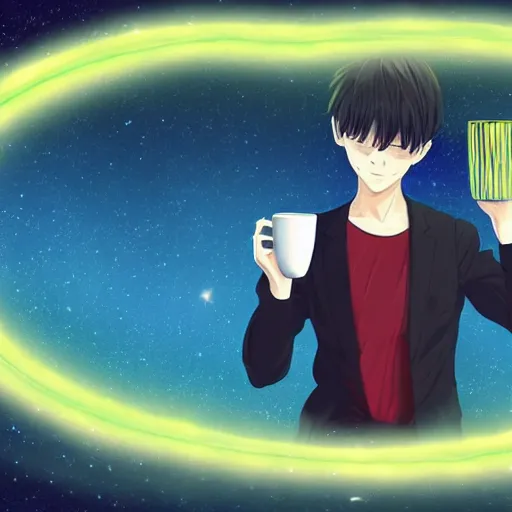 Prompt: 4k_digital_art_surreal_anime_of_an_anime dude_drinking_a_cup_of_cosmic_energy_bright_light