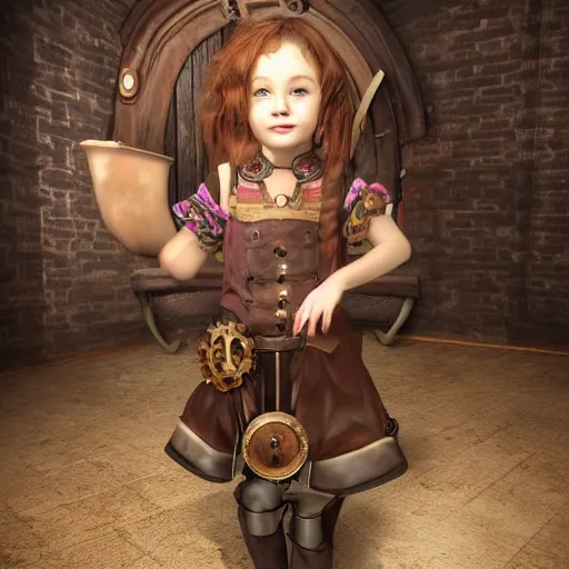 Prompt: unreal engine render steampunk portrait of a little girl happy and full of life