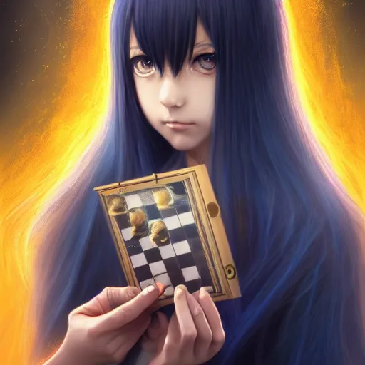 Image similar to rimuru tempest from tensura playing chess, perfect hands, with amber eyes of golden colored eyes, straight hair, sky blue hair, long bangs, high collar, concept art, award winning photography, digital painting, cinematic, wlop, 8 k, by ross tran, tom bagshaw, andy warhol